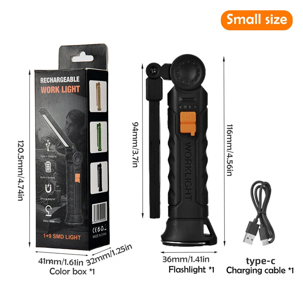 COB LED-ficklampa – vikbar, USB-uppladdningsbar med magnet, krok och arbetsljus