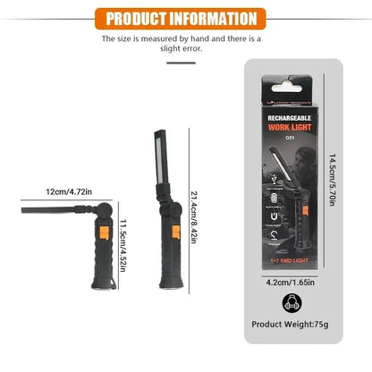 COB LED-ficklampa – vikbar, USB-uppladdningsbar med magnet, krok och arbetsljus