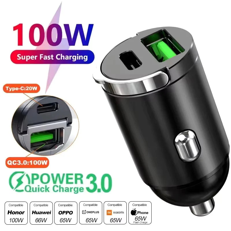 200W Car Mobile Phones Fast Charger Dual USB Quick Charger 3.0 USB Type C 12-24V Lighter Fast Charging Car Power Charger Adapter