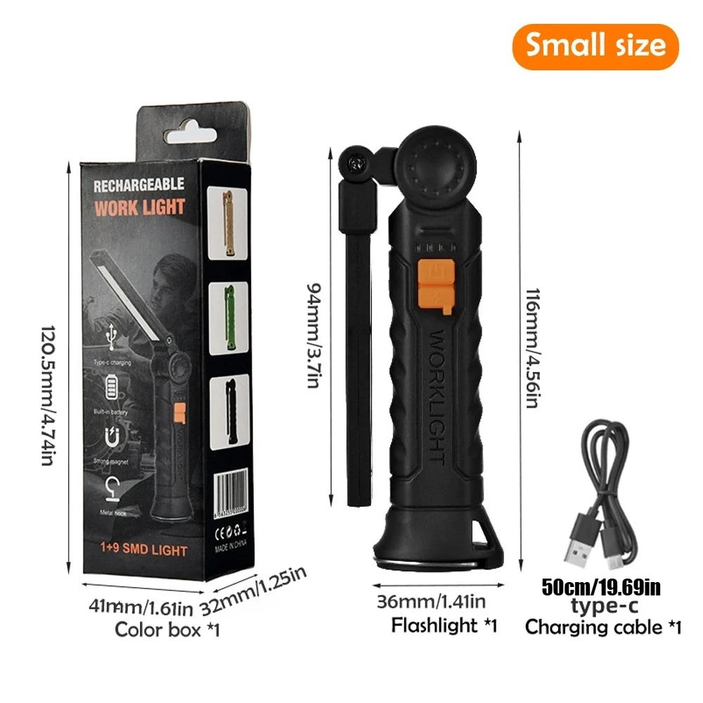 COB LED-ficklampa – vikbar, USB-uppladdningsbar med magnet, krok och arbetsljus