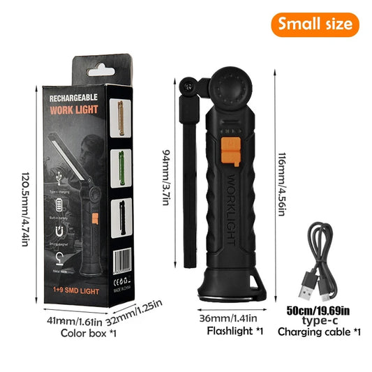 COB LED-ficklampa – vikbar, USB-uppladdningsbar med magnet, krok och arbetsljus